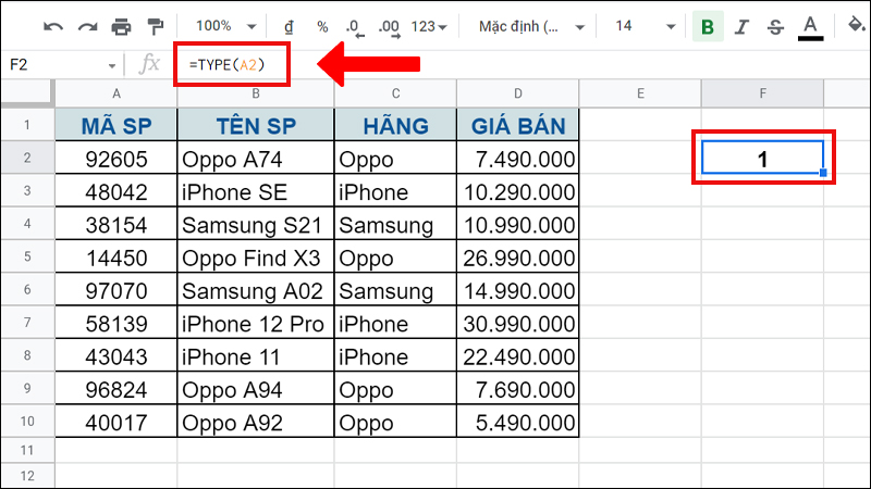 Ví dụ minh họa hàm TYPE